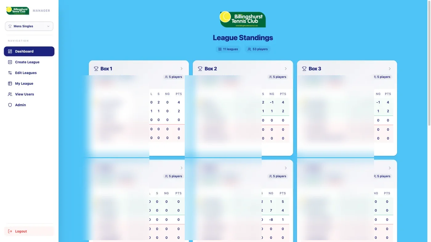 Billingshurst LTC manager dashboard showing Mens Singles league standings across multiple boxes